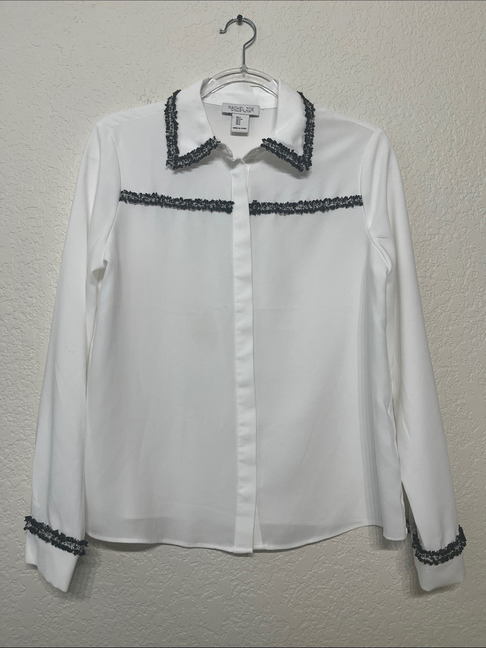 Rachel Zoe Women’s Small White Button-Down Blouse with Black & White Tweed Trim